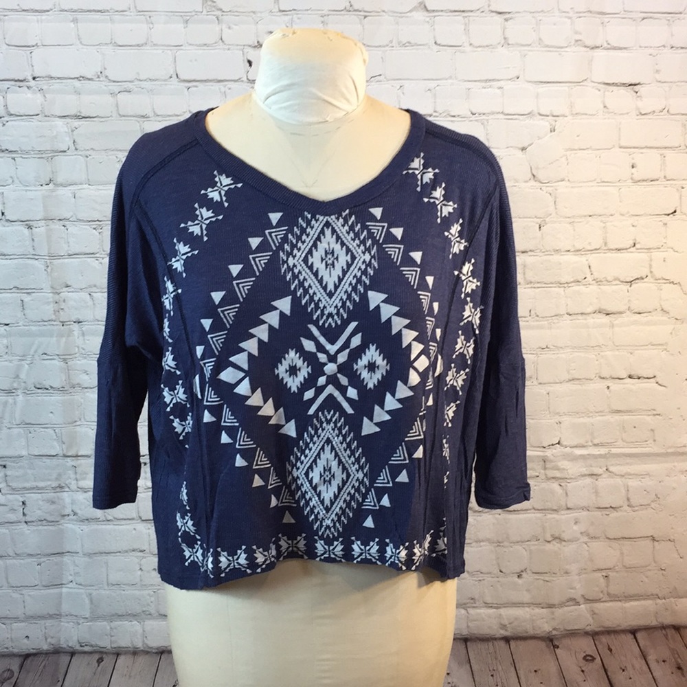 Blu Pepper Blue Top 3/4 Sleeve Tee Southwest White Embroidered Accent Large
